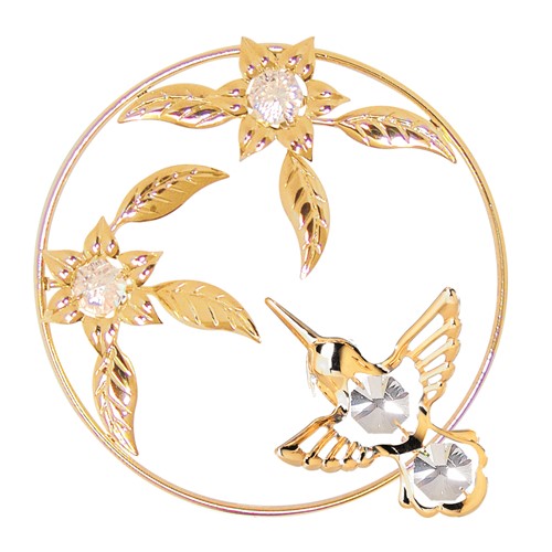 24k Gold Plated Hummingbird/Flowers Sun Catcher/Clear Swarovski Element Crystal