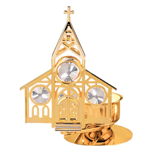 24k Gold Plated Church Tea Light Candle Holder w/Clear Swarovski Element Crystal