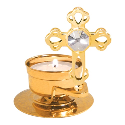 24k Gold Plated Cross Tea Light Candle Holder w/Clear Swarovski Element Crystal