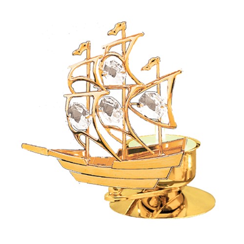 24k Gold Plated Sailboat Tea Light Candle Holder w/Clear Swarovski Element