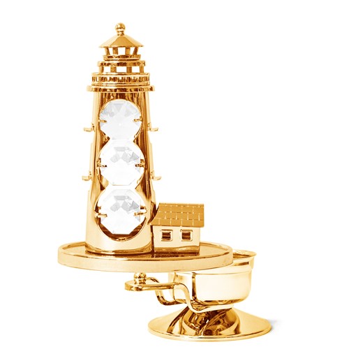24k Gold Plated Light House Tea Light Candle Holder w/Clear Swarovski Element