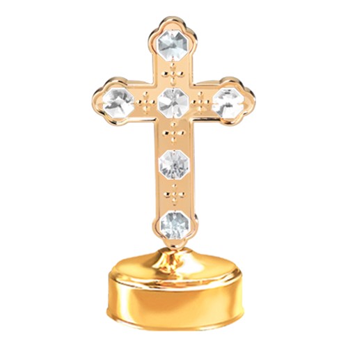 24k Gold Plated Large Cross Music Box w/Clear Swarovski Element Crystal