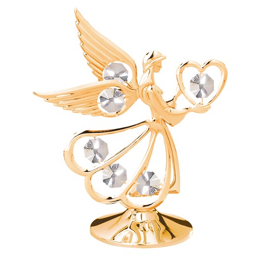24k Gold Plated Angel with Heart on Stand w/Clear Swarovski Element Crystal