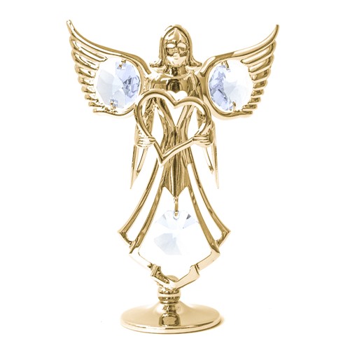 24k Gold Plated Angel with Heart on Stand w/Clear Swarovski Element Crystal