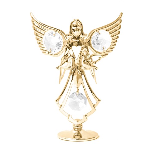 24k Gold Plated Angel with Doves on Stand w/Clear Swarovski Element Crystal