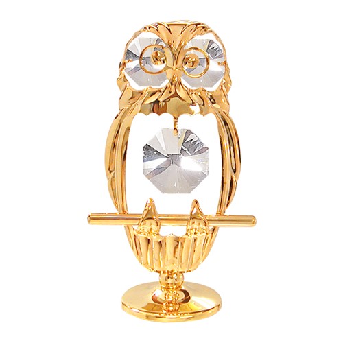 24k Gold Plated Spotted Owl on Stand w/Clear Swarovski Element Crystal