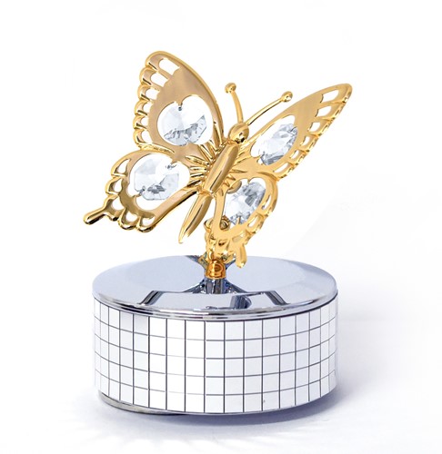 24k Gold Plated Swallowtail Butterfly Mirror Music Box w/Clear Swarovski Element