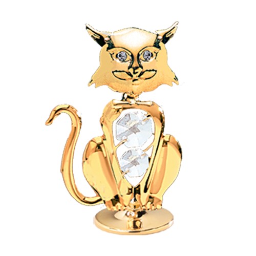 24k Gold Plated Cat on Stand w/Clear Swarovski Element Crystal