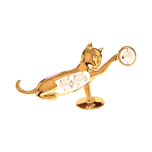 24k Gold Plated Cat with Ball on Stand w/Clear Swarovski Element Crystal