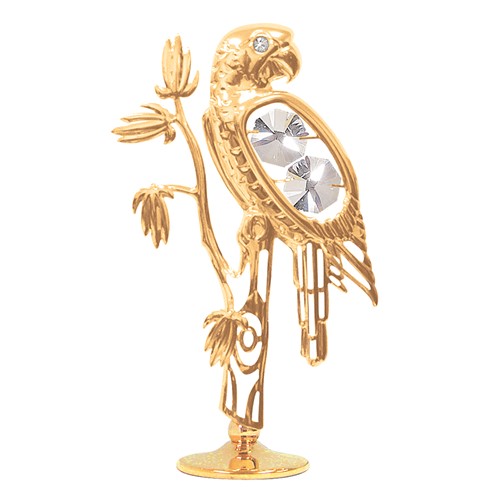 24k Gold Plated Parrot with Tree on Stand w/Clear Swarovski Element Crystal