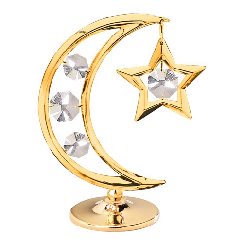 24k Gold Plated Moon and Star on Stand w/Clear Swarovski Element Crystal