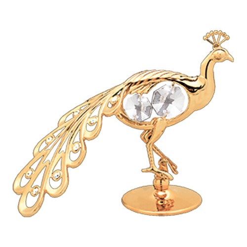 24K Gold Plated Peacock On Stand W/Clear Swarovski | Mascot USA