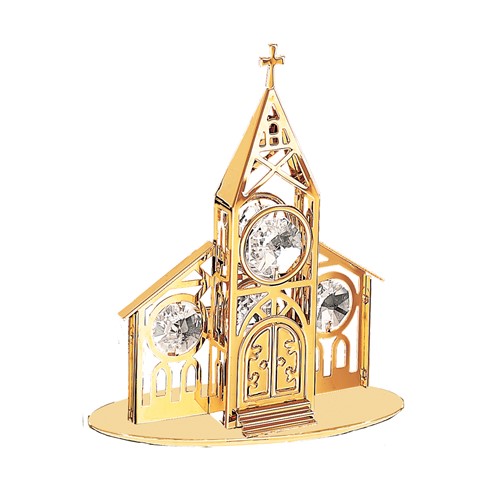 24K Gold Plated Church On Stand W/Clear Swarovski | Mascot USA