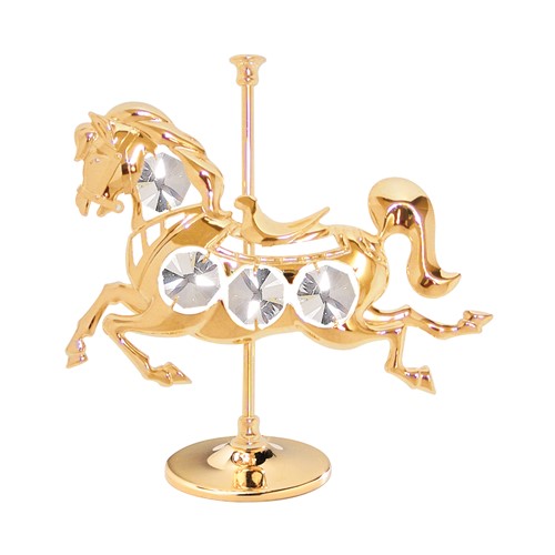 24K Gold Plated Carousel Horse On Stand W/Clear Swarovski | Mascot USA