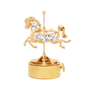 Gold Plated Carousel Horse Music Box w/ Clear Swarovski Element Crystal