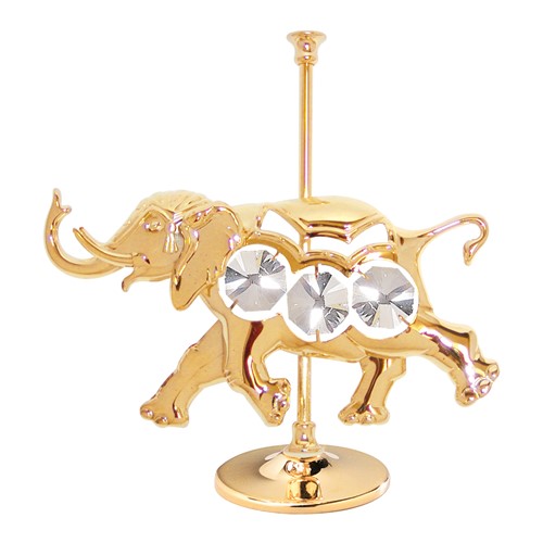 24K Gold Plated Carousel Elephant On Stand W/Clear Swarovski | Mascot USA