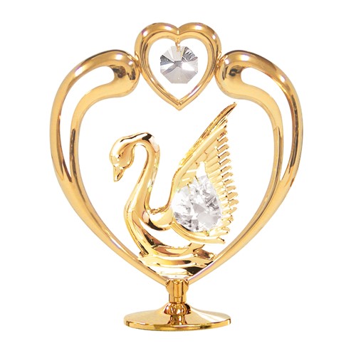 24k Gold Plated Swan in Heart on Stand w/Clear Swarovski Element Crystal