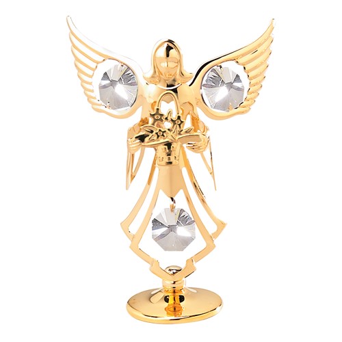 24k Gold Plated Guardian Angel with Flowers on Stand w/Clear Swarovski Crystals
