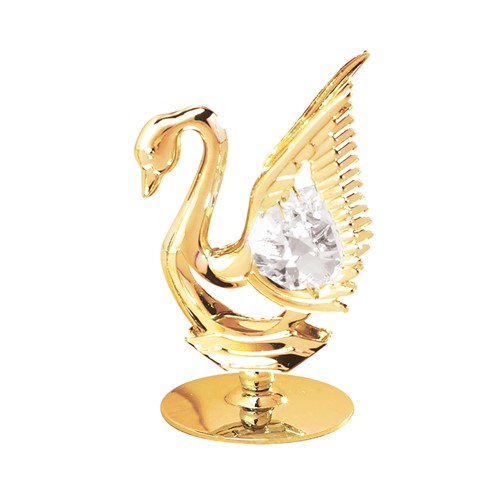 24K Gold Plated Mini Swan On Stand W/Clear Swarovski | Mascot USA