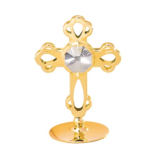24K Gold Plated Mini Cross On Stand W/Clear Swarovski | Mascot USA