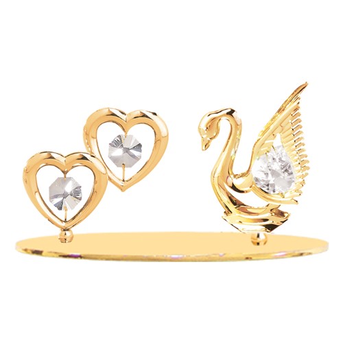 24k Gold Plated Mini Swan and Twin Hearts on Oval Stand/Clear Swarovski Element