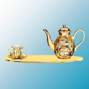 24k Gold Plated Coffee Pot and Cup on Oval Stand/Clear Swarovski Element Crystal