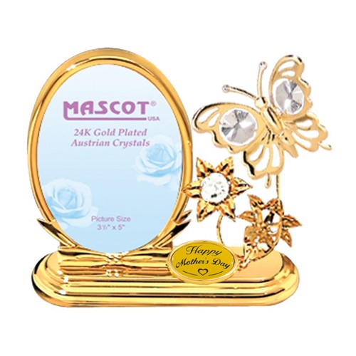 24K Gold Plated Butterfly/Flowers Oval Picture Frame w/Clear Swarovski Element