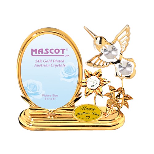 24K Gold Plated Hummingbird/Flowers Oval Picture Frame w/Clear Swarovski Element
