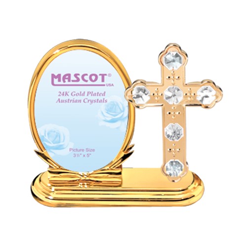 24K Gold Plated Cross Oval Picture Frame w/Clear Swarovski Element Crystal