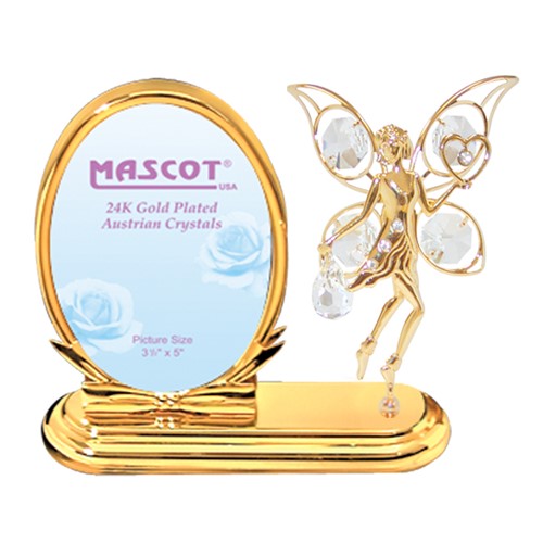 24K Gold Plated Fairy w/Heart Oval Picture Frame w/Clear Swarovski Element