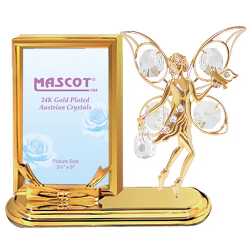 24K Gold Plated Fairy w/Dove Rectangular Picture Frame w/Clear Swarovski Element