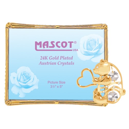 24K Gold Plated Bear w/Heart Rectangular Picture Frame w/Clear Swarovski Element