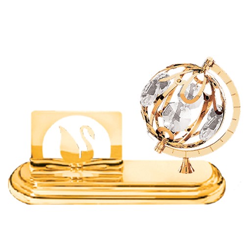 24K Gold Plated Globe Card Holder W/Clear Swarovski | Mascot USA