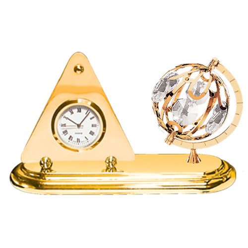 24K Gold Plated Globe Desk Clock W/Clear Swarovski | Mascot USA