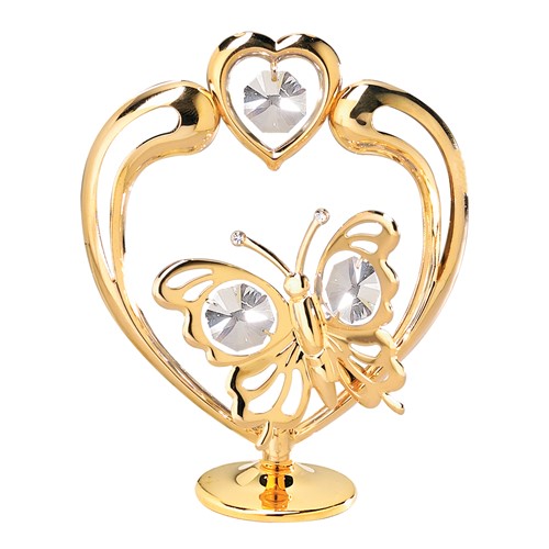 24K Gold Plated Butterfly In Heart On Stand W/Clear Swarovski | Mascot USA