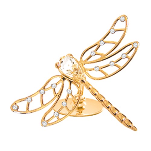 24k Gold Plated Dragonfly on Stand w/Clear Swarovski Element Crystal