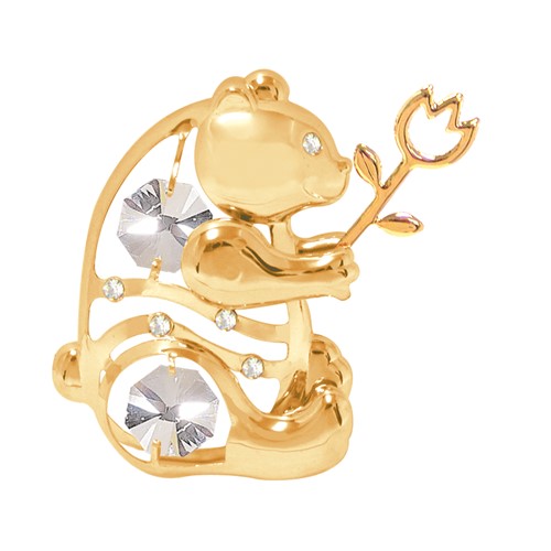 24K Gold Plated Bear With Tulip Free Standing W/ Swarovski | Mascot USA