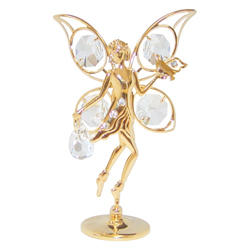 24k Gold Plated Fairy with Dove on Stand w/Clear Swarovski Element Crystal