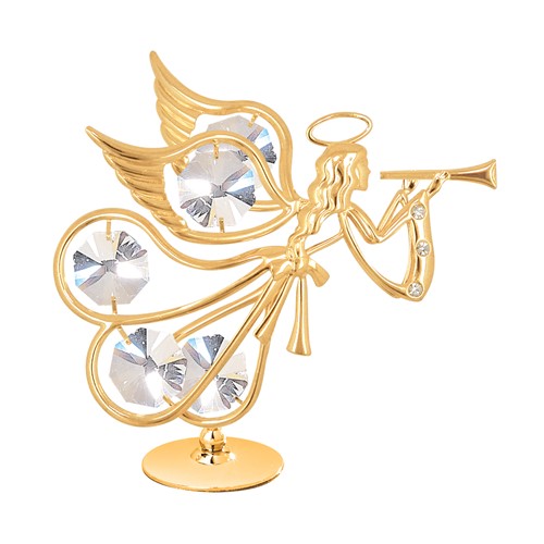 24k Gold Plated Flying Angel with Trumpet on Stand w/Clear Swarovski Element