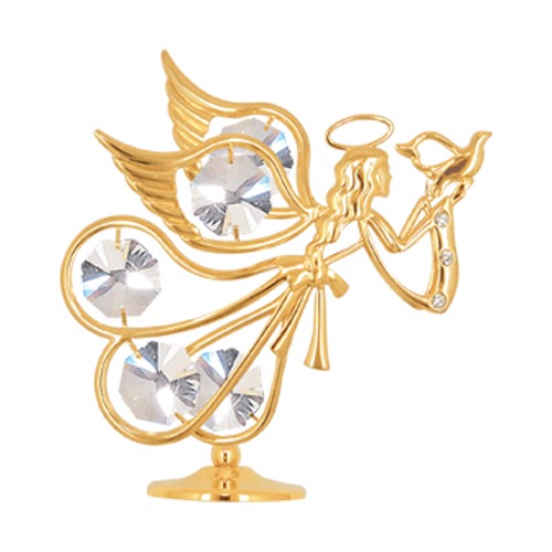 24k Gold Plated Flying Angel with Dove on Stand/Clear Swarovski Element Crystal