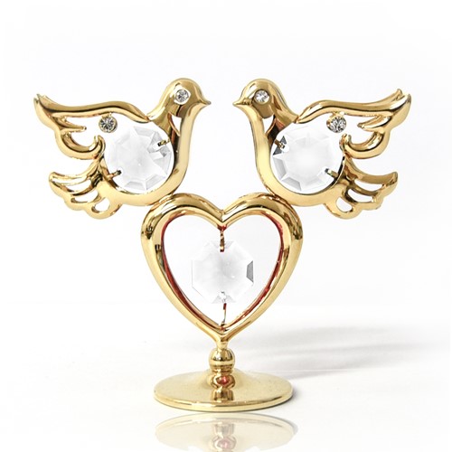 24K Gold Plated Twin Doves W/Heart On Stand W//Clear Swarovski | Mascot USA