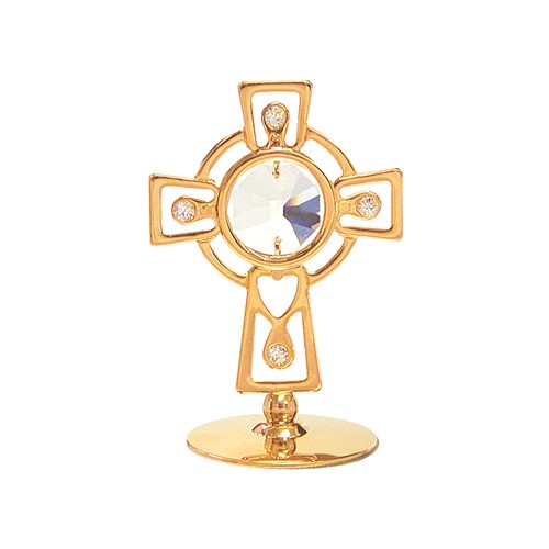 24k Gold Plated Celtic Cross on Stand w/Clear Swarovski Element Crystal