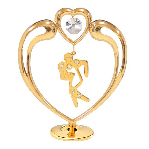 24K Gold Plated Football In Heart On Stand W/Clear Swarovski | Mascot USA