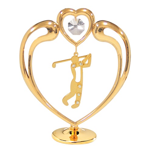 24K Gold Plated Golf In Heart On Stand W/ Swarovski | Mascot USA