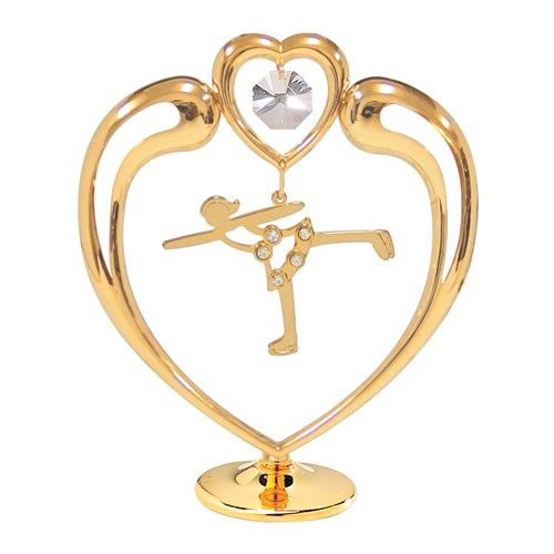 24k Gold Plated Ice Skating in Heart on Stand w/Clear Swarovski Element Crystal