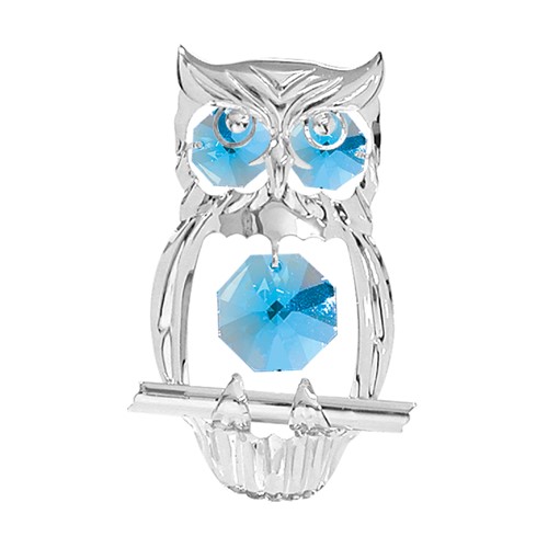 Chrome Plated Hooded Owl Sun Catcher w/Blue Swarovski Element Crystal