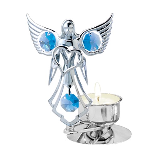 Chrome Plated Angel w/Heart Tea Light Candle Holder w/Blue Swarovski Element