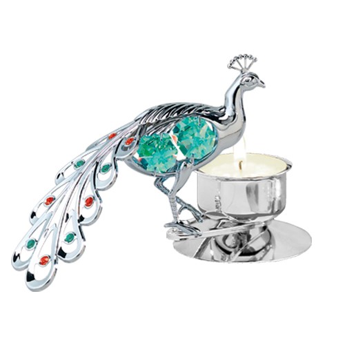 Chrome Plated Peacock Tea Light Candle Holder W/Swarovski | Mascot USA