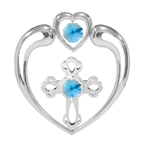 Chrome Plated Cross in Heart Sun Catcher w/Blue Swarovski Element Crystal