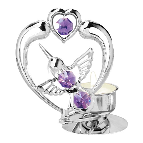 Chrome Hummingbird in Heart Tea Light Candle Holder/Swarovski Element (6 colors)